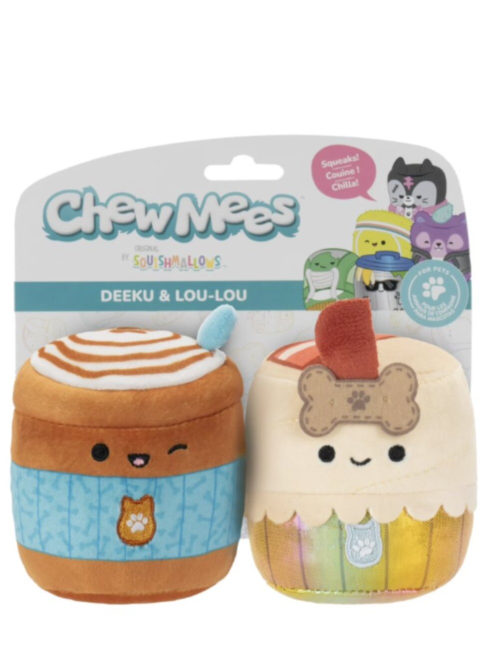 Squishmallows Chew Mees Deeku Latte & Lou-Lou Cupcake Squeaky Dog Toy 2-Pack